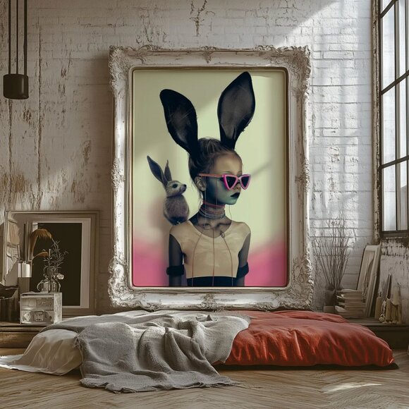 Original Goth Pink Bunny Art Print + Digital Copy, Girl With Bunny Ears - Picture 4 of 8